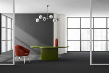 Stylish modern living room interior in skyscraper building with design armchair and green round table, vinyl floor. Futuristic chandelier. Wood wall, window. No people.
