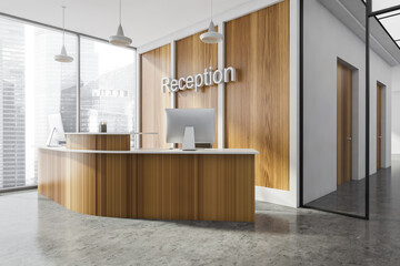 Business reception room interior with desk and windows with city view