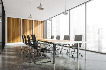 Wooden white conference room interior with furniture and panoramic windows