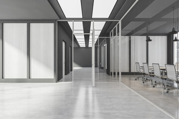 Light grey business hall interior with rooms and furniture