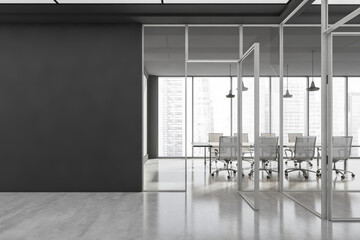 Grey office hall interior and conference room with mockup before entrance
