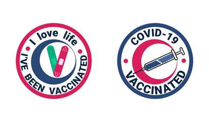 Coronavirus vaccination concept with syringe and medical patch. I've been vaccinated badge, sticker, label design. Covid-19 vaccine injection flat style vector illustration with medical patch.