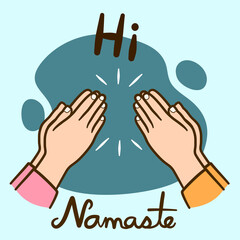 Namaste greeting with people without handshake and touching hands on blue background. Vector illustrator.
