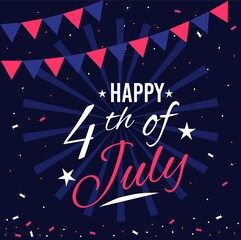 4th of July. Happy Independence Day. USA national holiday design template with flags, stars and lettering typography. Flat style festive vector illustration.