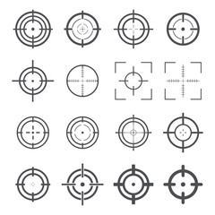 Target destination icon large set. Focus cursor bull eye mark collection. Aim sniper shoot big group. Vector isolated on white