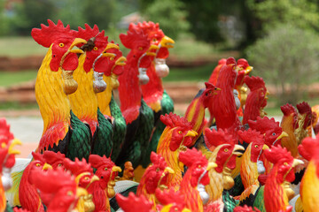 Many rooster statues in King Naresuan the great shrine, Phitsanulok, Thailand.