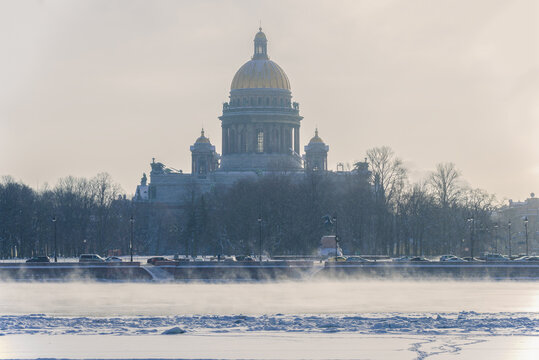 View of St. Isaac Cathedral on a frosty February day. Saint-Petersburg, Russia