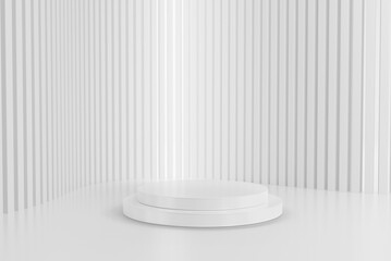 White round pedestal empty on minimal white background. 3D rendering podium for product demonstration.