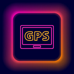 Glowing neon line Gps device with map icon isolated on black background. Colorful outline concept. Vector