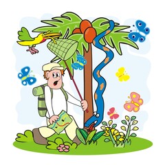 Tourist with a backpack and a map, at background palm, butterfly, snake and bird. Funny vector ilustration.