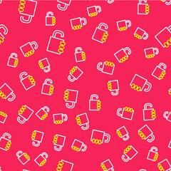 Line Safe combination lock icon isolated seamless pattern on red background. Combination padlock. Security, safety, protection, password, privacy. Vector