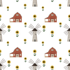 Farmhouse seamless pattern, Farm animals seamless pattern, Cute animals, cow, horse, bird, pig, rabbit, sunflower for scrapbooking, fabric, print