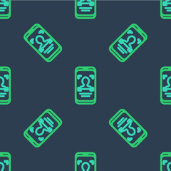 Line Mobile phone and face recognition icon isolated seamless pattern on blue background. Face identification scanner icon. Facial id. Cyber security. Vector
