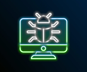 Glowing neon line System bug on monitor icon isolated on black background. Code bug concept. Bug in the system. Bug searching. Colorful outline concept. Vector