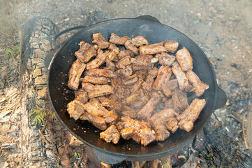 Roasting meat in a large wok pan in the forest over a campfire, cooking.