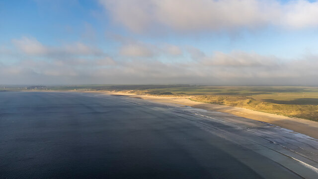 An aerial view of Dunnet Beach near Thurso on the north coast of Scotland, UK