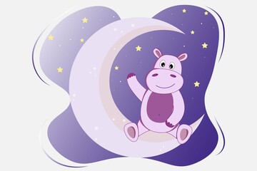 Hippopotamus on the moon at night, vector illustration, hippo, river cow, greetig card, tshirt design