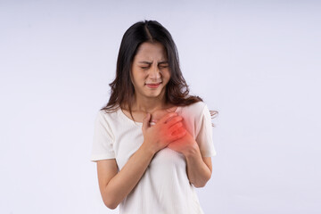 portrait of asian woman having heart attack, isolated on white background