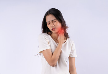 Portrait of Asian woman with neck pain isolated on white background