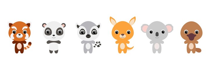 Cute baby animals in cartoon style. Collection animals characters for kids cards, baby shower, birthday invitation, house interior. Bright colored childish vector illustration.