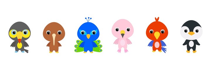 Cute baby birds in cartoon style. Collection animals characters for kids cards, baby shower, birthday invitation, house interior. Bright colored childish vector illustration.