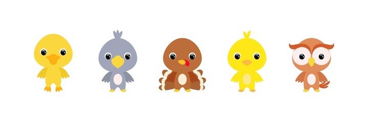 Obraz na płótnie Canvas Cute farm baby birds in cartoon style. Collection animals characters for kids cards, baby shower, birthday invitation, house interior. Bright colored childish vector illustration.