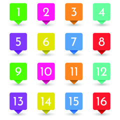 Set Color Collection Point 1 to 16 Colorful Numbers Icon Label Sign Brand Tag Banner Ribbon Isolated Background Vector Design Style Illustration
