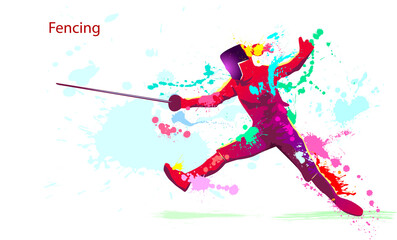 Fencer colorful bright silhouette. Fencer with a saber. Silhouette of an athlete. Grunge style. Fencing is a sport. Various multicolored splashes and blots