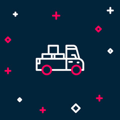 Line Delivery truck with cardboard boxes behind icon isolated on blue background. Colorful outline concept. Vector