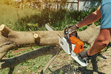male worker cuts wood with an electric chainsaw
