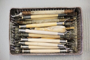 Old tools for hand-crafted ceramic work, used to form clay 