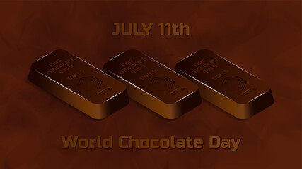 Inscription July 11th World Chocolate Day. 3d festive brown poster with swiss fine chocolate 1000 gram bars