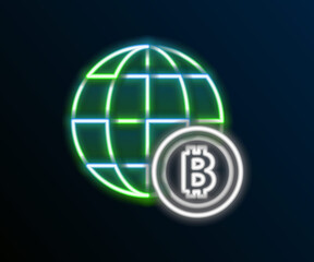 Glowing neon line Globe and cryptocurrency coin Bitcoin icon isolated on black background. Physical bit coin. Blockchain based secure crypto currency. Colorful outline concept. Vector