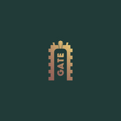 Gold effect castle gate vector logo design with dark green background