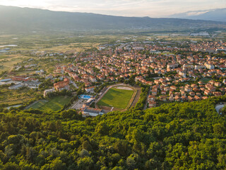 Obraz premium Aerial Sunset view of town of Petrich, Blagoevgrad region, Bulgaria