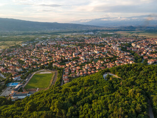 Aerial Sunset view of town of Petrich, Blagoevgrad region, Bulgaria