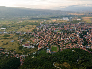 Aerial Sunset view of town of Petrich, Blagoevgrad region, Bulgaria