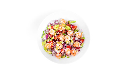 Fototapeta na wymiar Salad with shripms, sliced tomatoes, onion and avocado isolated on a white background.
