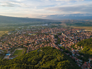 Aerial Sunset view of town of Petrich, Blagoevgrad region, Bulgaria