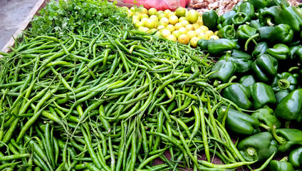 Assortment of fresh vegetables. Capsicum (Shimla Mirchi), Lemon, Spicy Green Chilly, Coriander