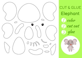 Color, cut and glue paper little elephant. Cut and paste crafts activity page. Educational game for preschool children. DIY worksheet. Kids logic game, puzzle. Vector stock illustration.