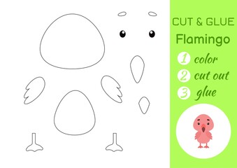 Color, cut and glue paper little flamingo. Cut and paste crafts activity page. Educational game for preschool children. DIY worksheet. Kids logic game, puzzle. Vector stock illustration.