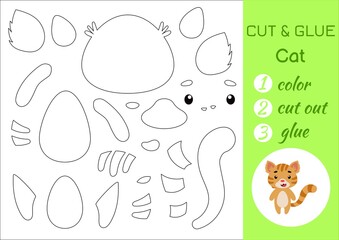 Color, cut and glue paper little cat. Cut and paste crafts activity page. Educational game for preschool children. DIY worksheet. Kids logic game, puzzle. Vector stock illustration.