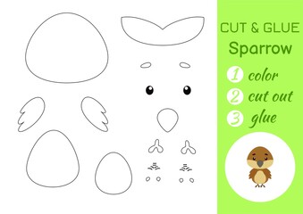 Fototapeta premium Color, cut and glue paper little sparrow. Cut and paste crafts activity page. Educational game for preschool children. DIY worksheet. Kids logic game, puzzle. Vector stock illustration.