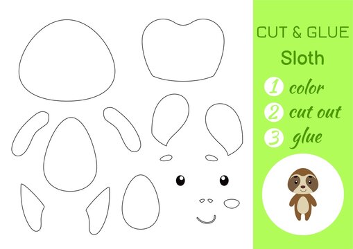 Color, cut and glue paper little sloth. Cut and paste crafts activity page. Educational game for preschool children. DIY worksheet. Kids logic game, puzzle. Vector stock illustration.