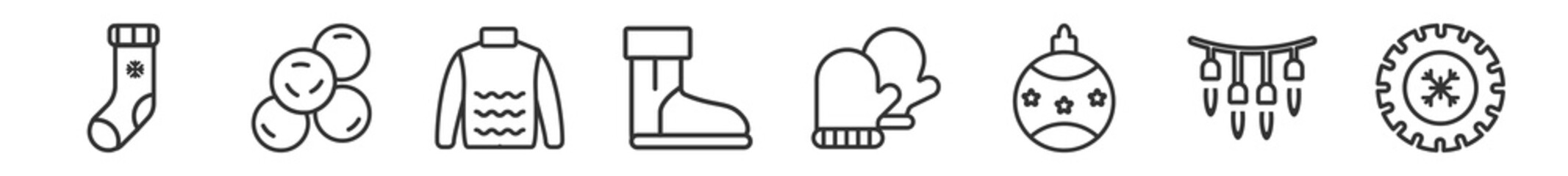 Obraz premium outline set of winter line icons. linear vector icons such as christmas sock, snow ball, turtleneck sweater, snow boot, mittens, winter tire. vector illustration.