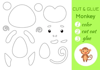 Color, cut and glue paper little monkey. Cut and paste crafts activity page. Educational game for preschool children. DIY worksheet. Kids logic game, puzzle. Vector stock illustration.