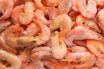 Fresh shrimps in ice. Top view.