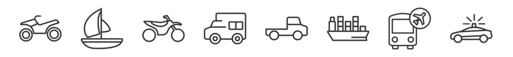 outline set of transportation line icons. linear vector icons such as quad, catamaran, motorbike, camper car, pickup truck, patrol car. vector illustration. © Digital Bazaar
