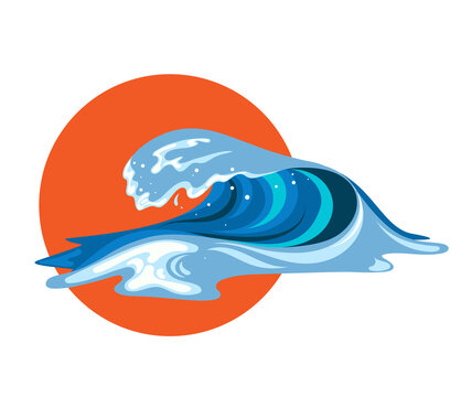 Japanes Tsumani wave in flat cartoon style. Big blue tropical water splash with white foam. Vector illustration on white background
